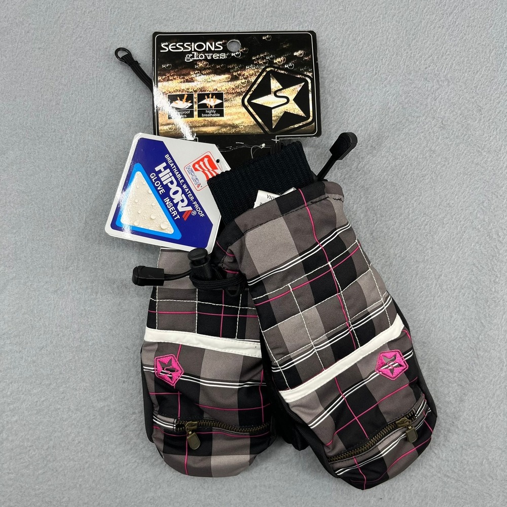 Sessions Riley Avery Plaid Mittens Gloves Womens L Grey Waterproof Ski Snowboard